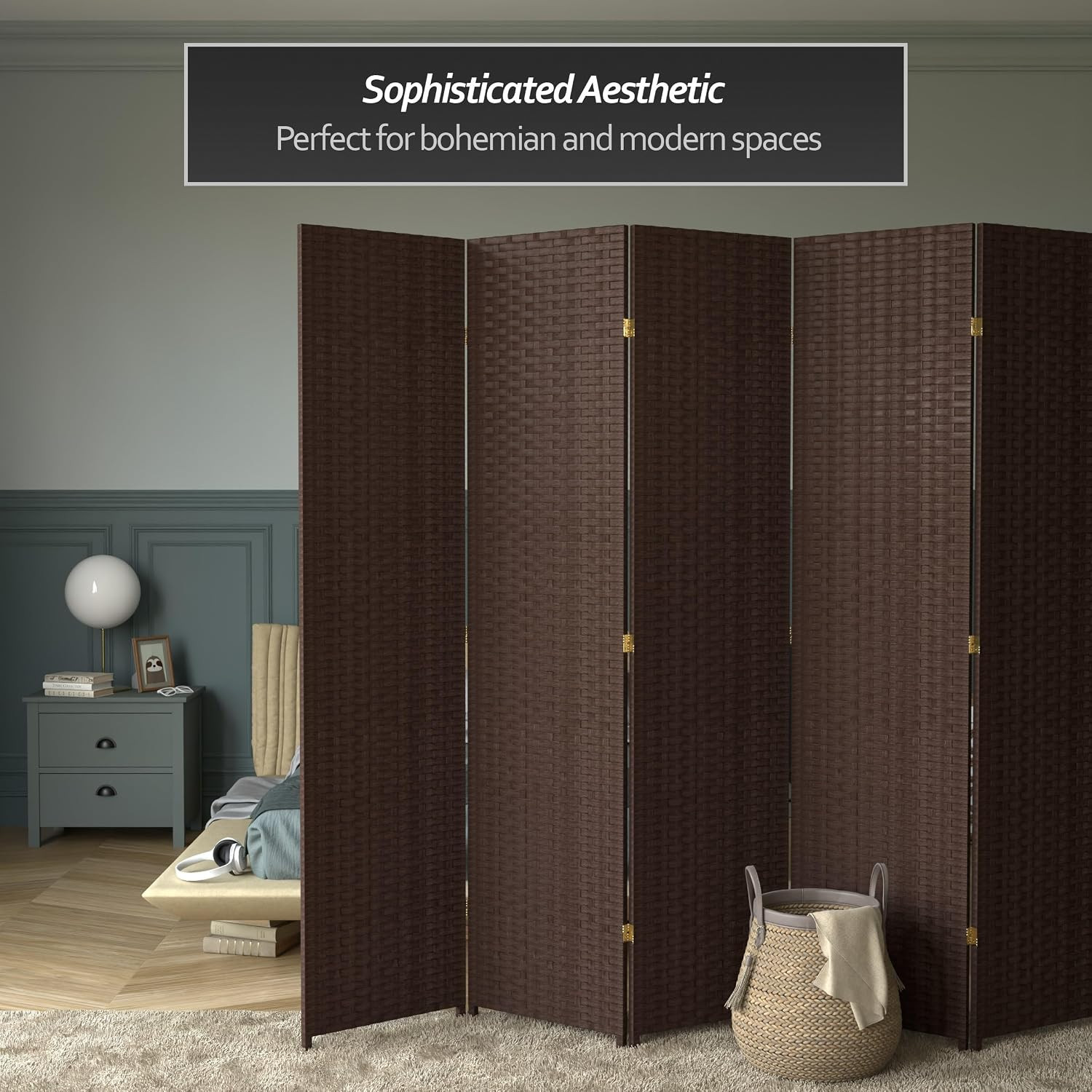 7 Ft. Tall Woven Fiber Room Divider – Dark Mocha – 6 Panel