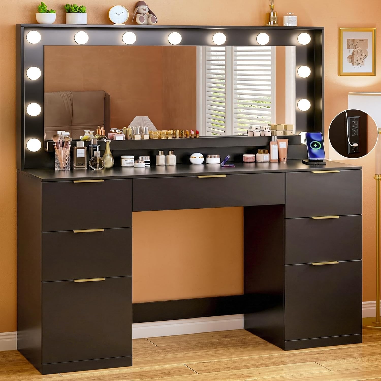 Vanity Desk with Mirror and Lights 45.3in Makeup Vanity with 7 Drawers