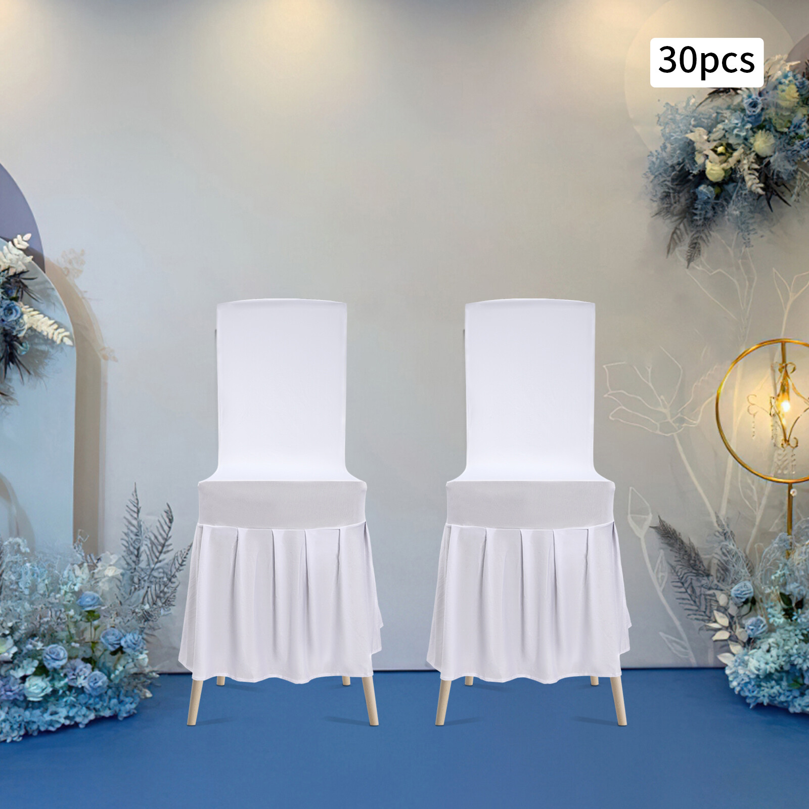 30-Pack White Stretch Chair Covers With Ruffled Skirt for Wedding Banquet