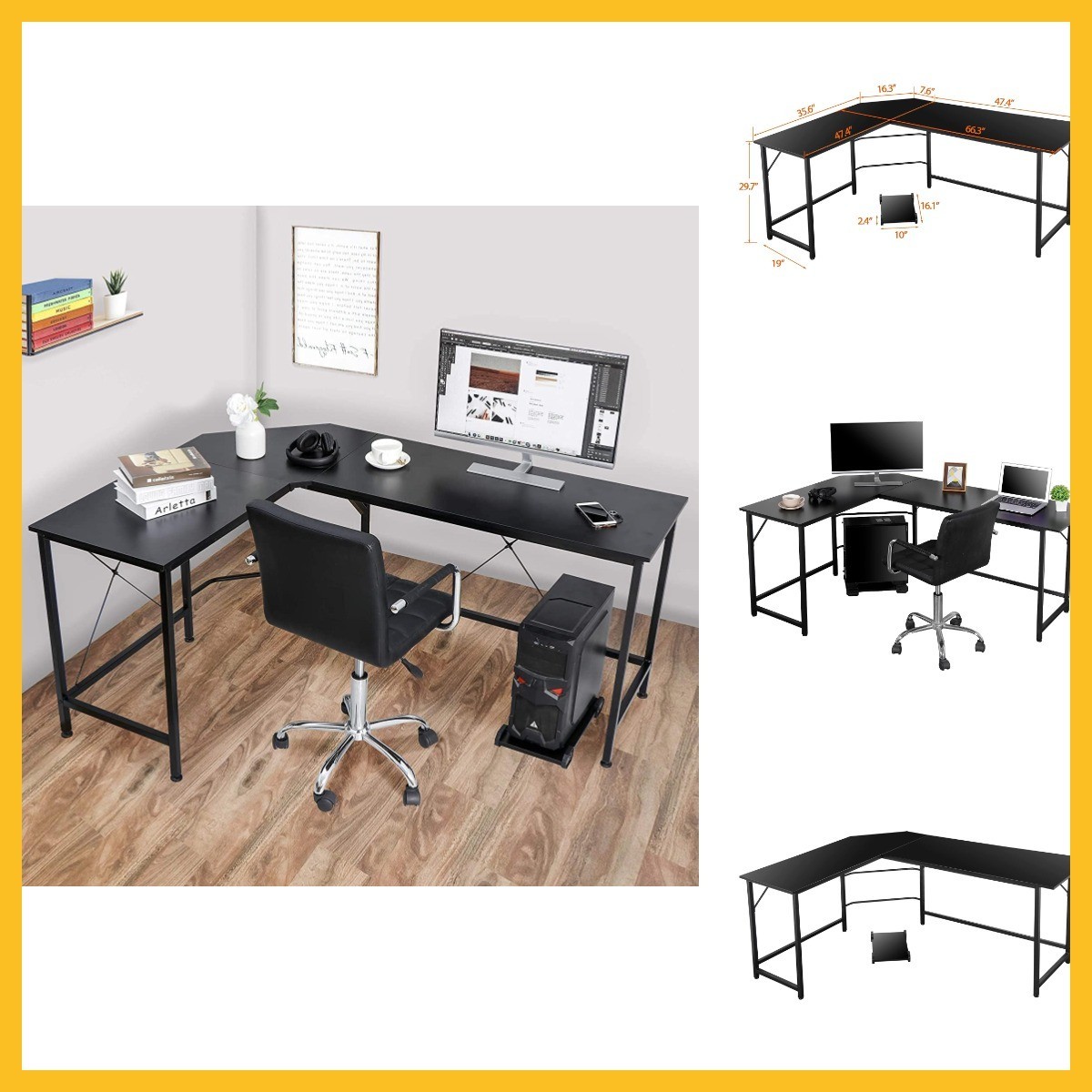 Modern L-Shaped Home Office Gaming Desk PC Table Writing Desk with CPU Stand Stu