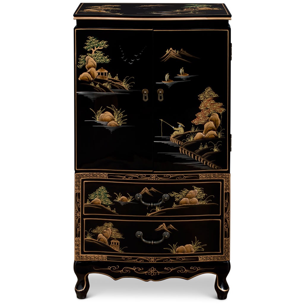 US SELLER – Hand-Painted Black Lacquer Chinese Jewelry Armoire with Scenic Motif