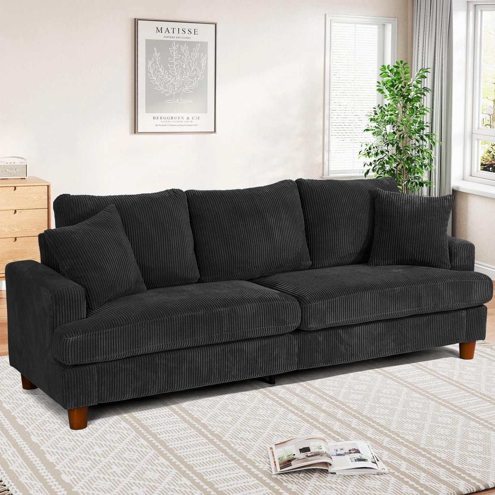 Modern Black 87″Corduroy 3 Seater Living Room Sofa Couch With Pillows Soft NEW
