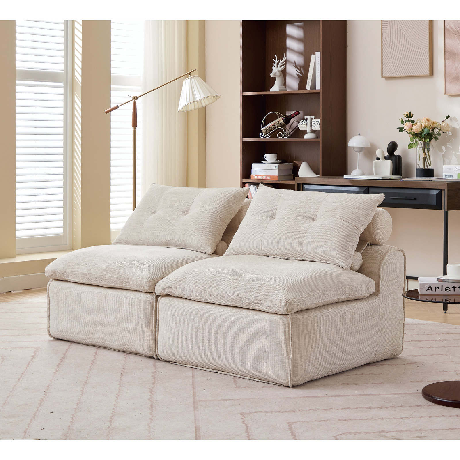 Modular Sofa Fabric,Neck Pillow-Back Lounge Sofa Chair Beige Sofa w/Pillow