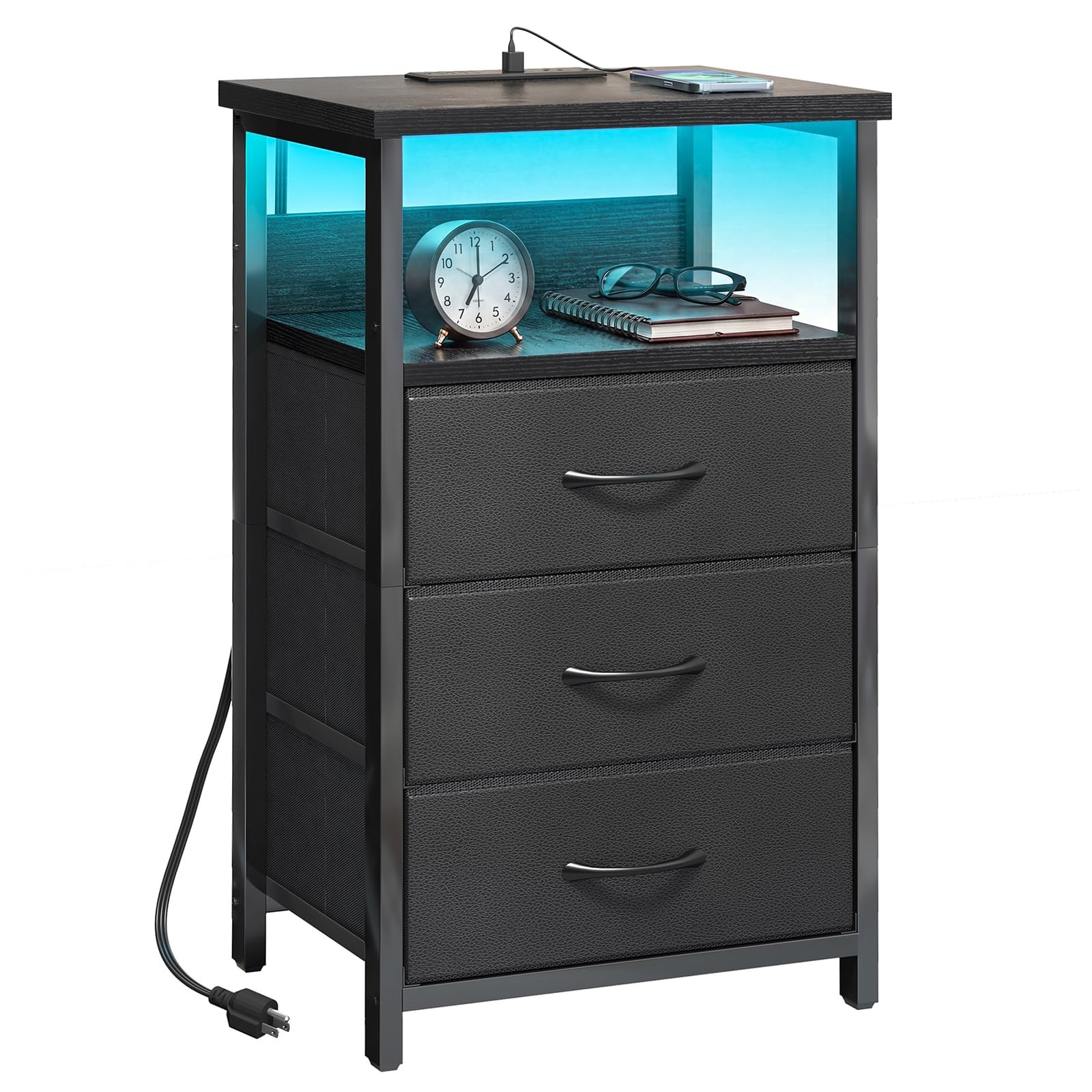 Fixwal Night Stand with Charging Station, LED Nightstand with U-S-B Ports and Ou
