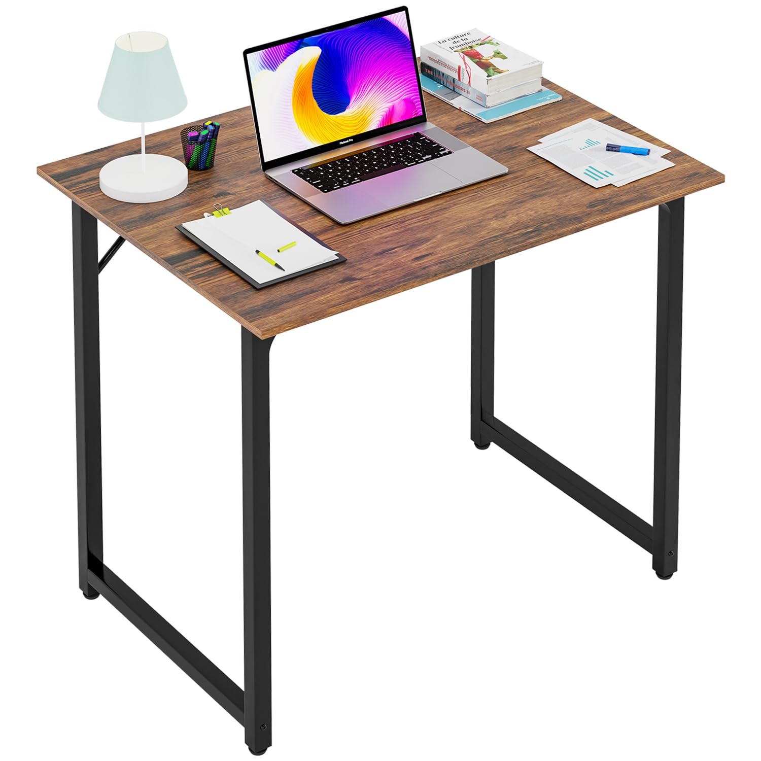 32 Inch Computer Desk with Metal Frame Writing Table Brown Home Office
