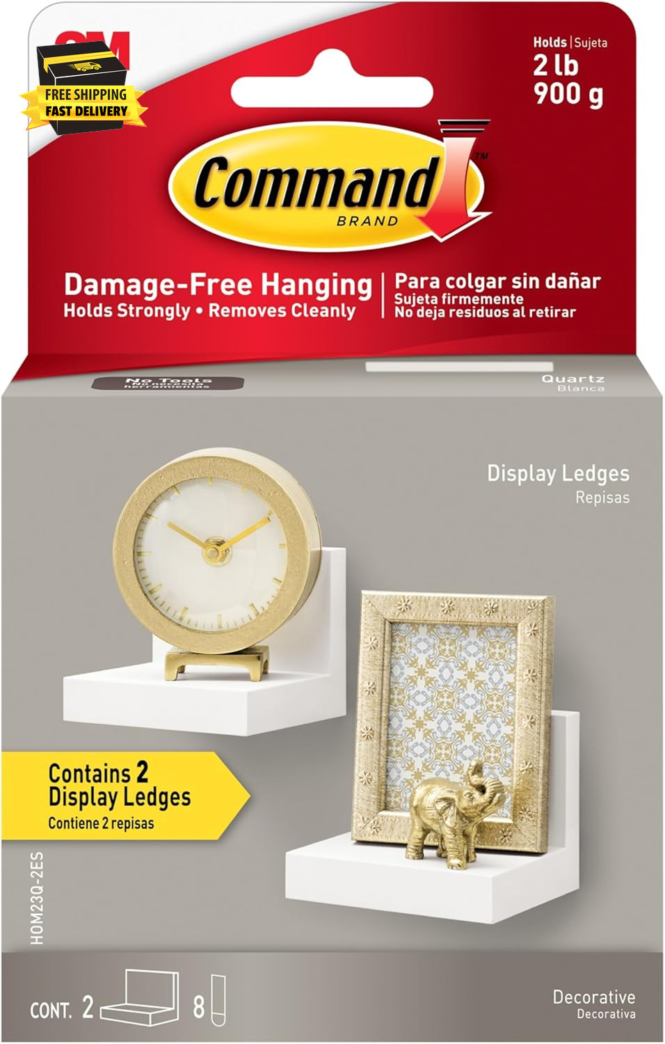 Command Display Ledges, Holds up to 2 Lb, Quartz, 2 Ledges with 8 Medium Strips,