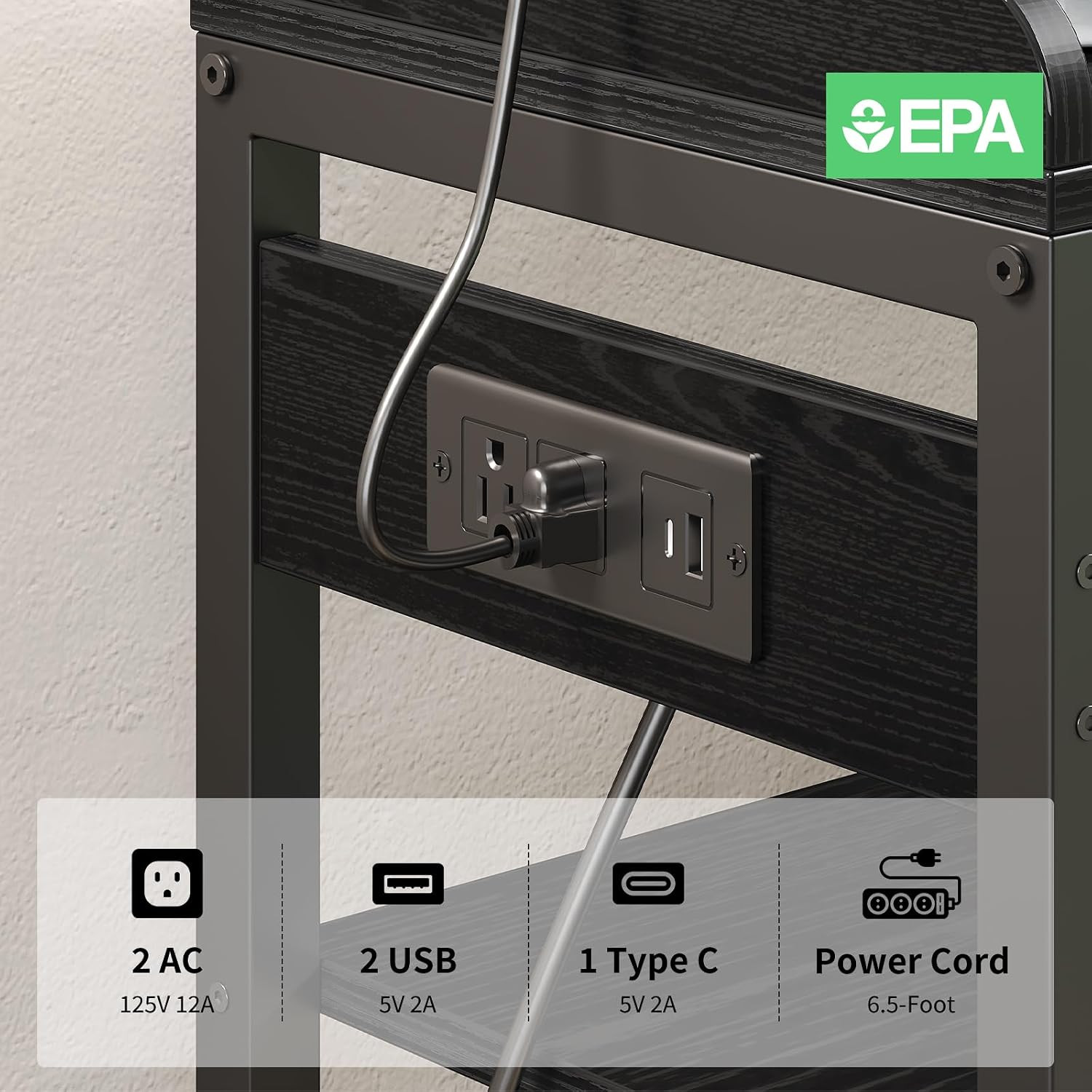 47.2″ Black Console Table with Charging Station & LED Light, 4 Tiers