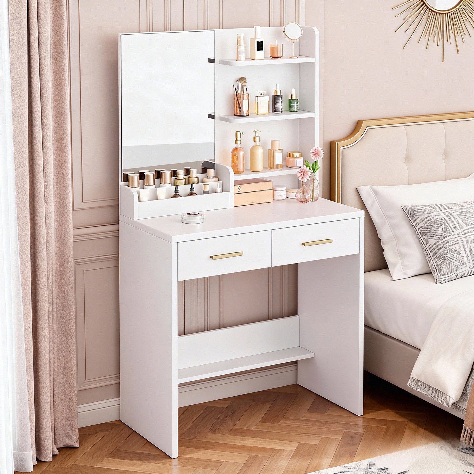 Vanity Table With Mirror 2 Drawers 3 Open Shelves Elegant White Makeup Desk For