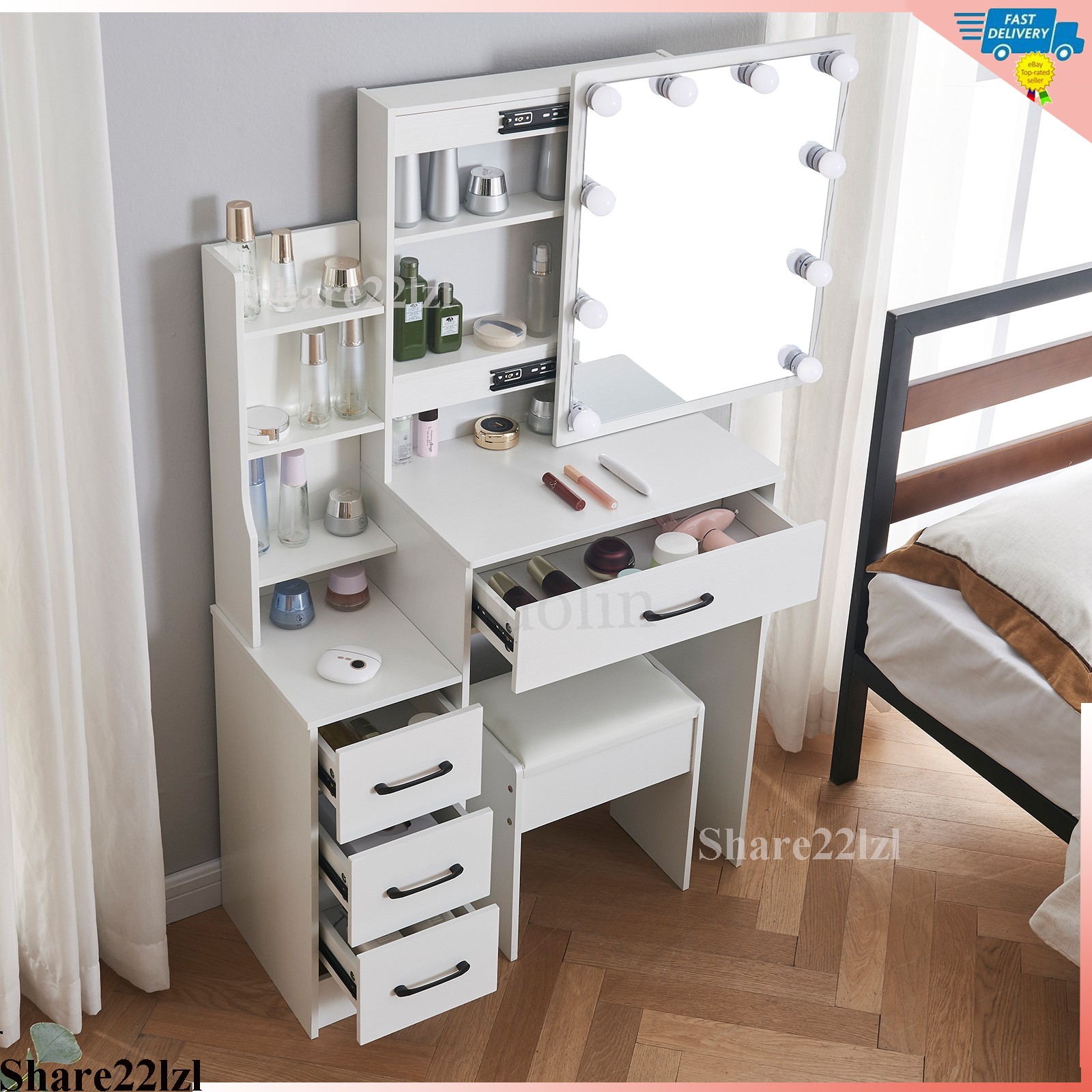 White Sliding Lighted Mirror Vanity Set w/4 Drawers Dressing Table Makeup Stool