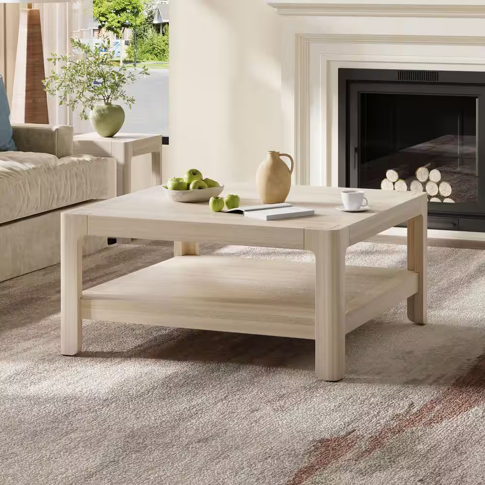 34.7 In. Natural Square Wood Coffee Table with Soft Rounded Profile