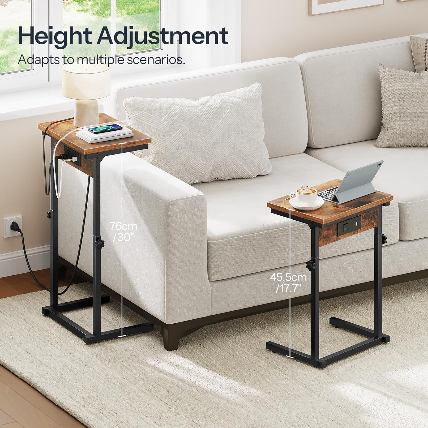 Adjustable Height C Shaped End Table Couch Small Spaces Rustic Brown