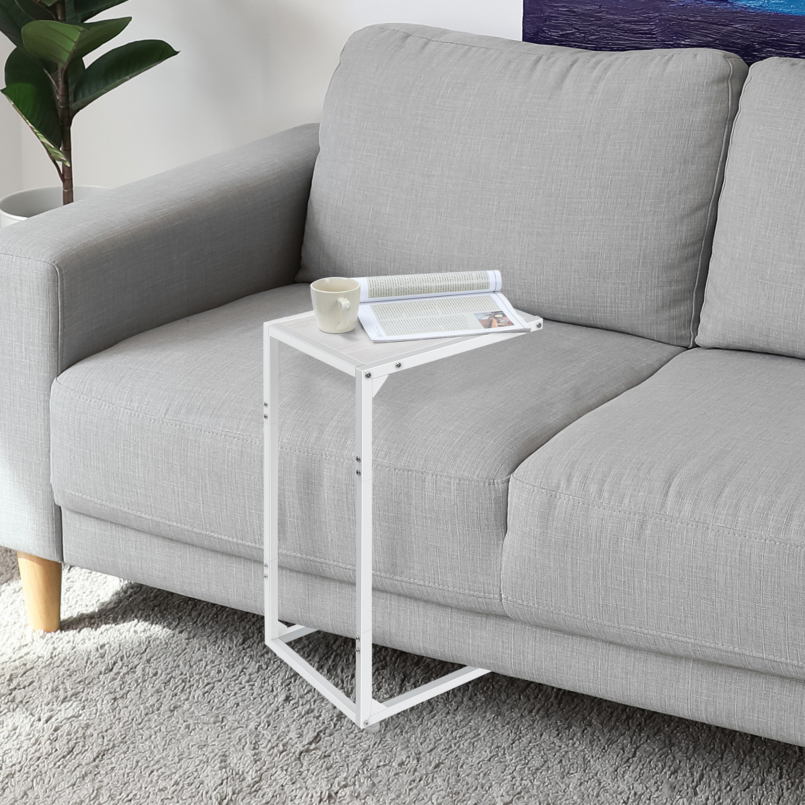 Modern C Shaped End Table Snack Side Table Couch That Slide Under Table White