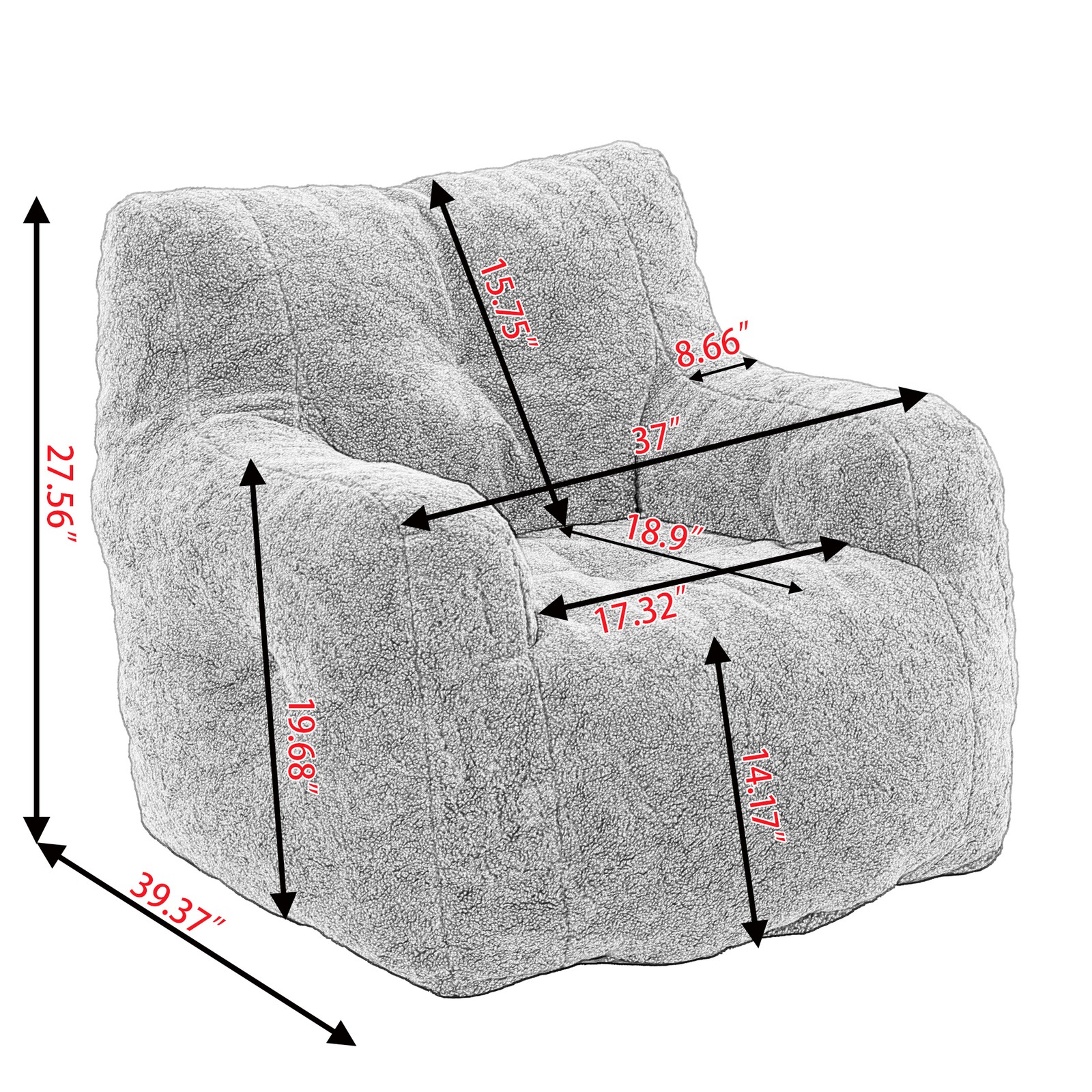 Teddy Fabric Tufted Foam Bean Bag Chair Ivory White 39.37″ x 37″