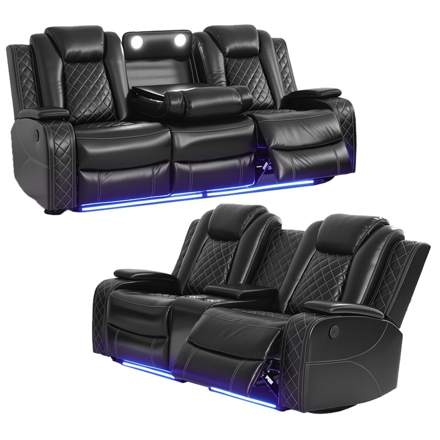 Breathable Leather Recliner Sofa Set w/LED Ambient Lighting Cup Holders&Storage