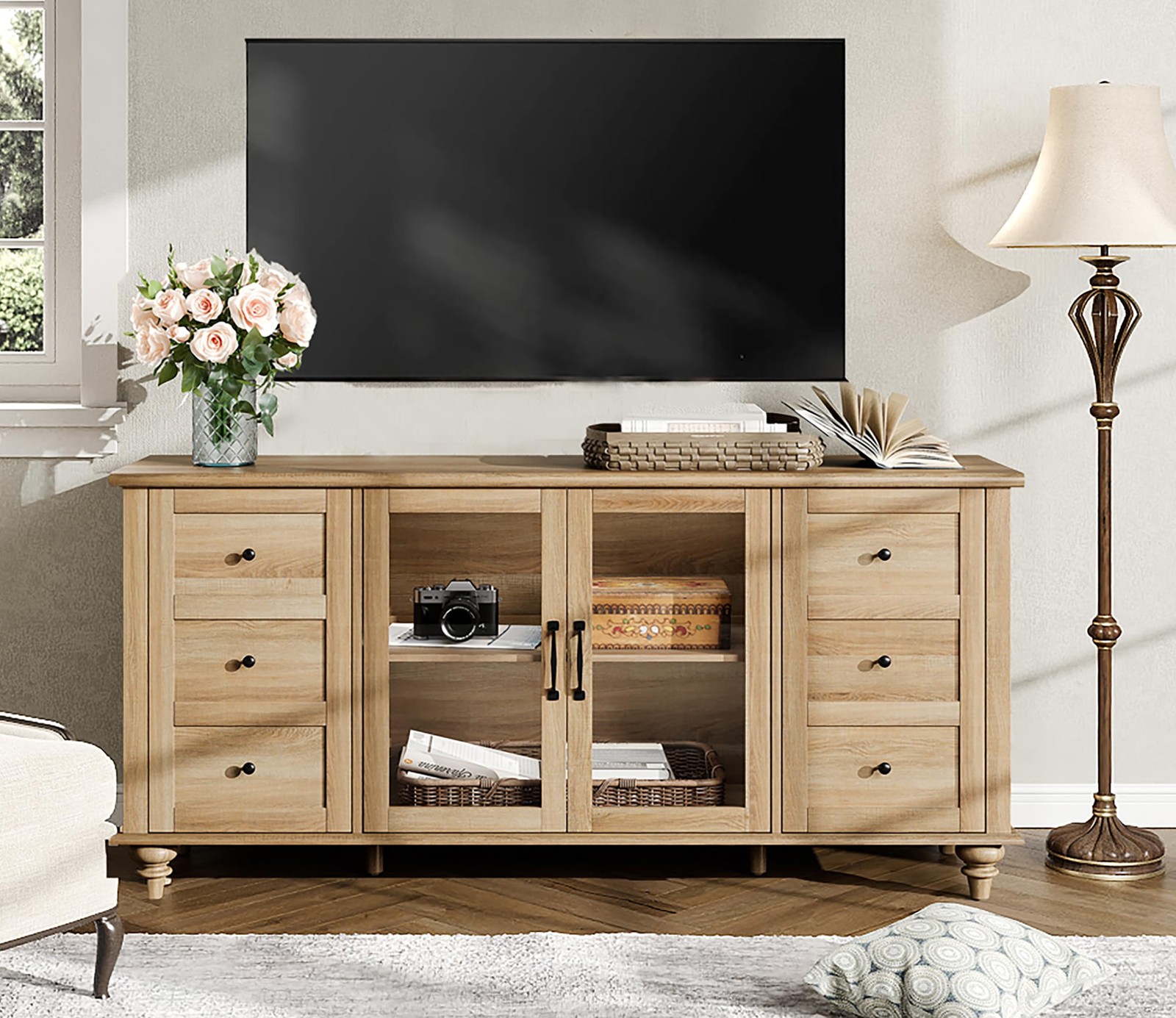 Farmhouse 58″ Oak TV Stand Storage Cabinets & Glass Door for TVs up to 75″