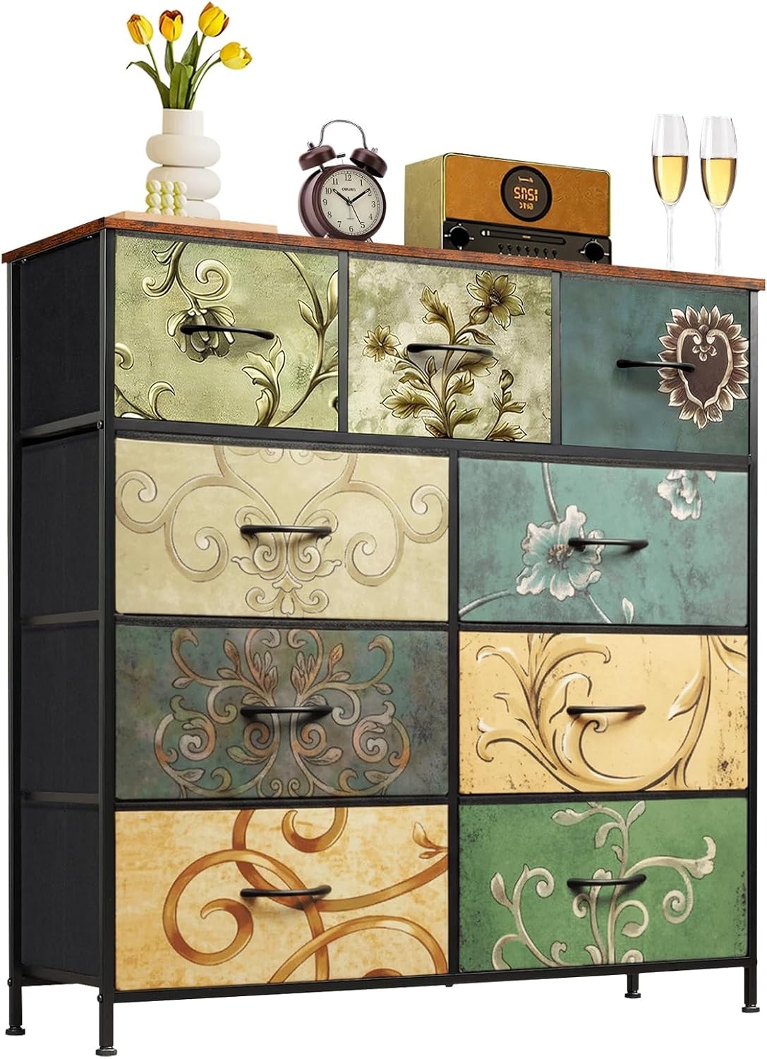 9-Drawer Fabric Dresser, Wooden Top Metal Frame, Floral Design