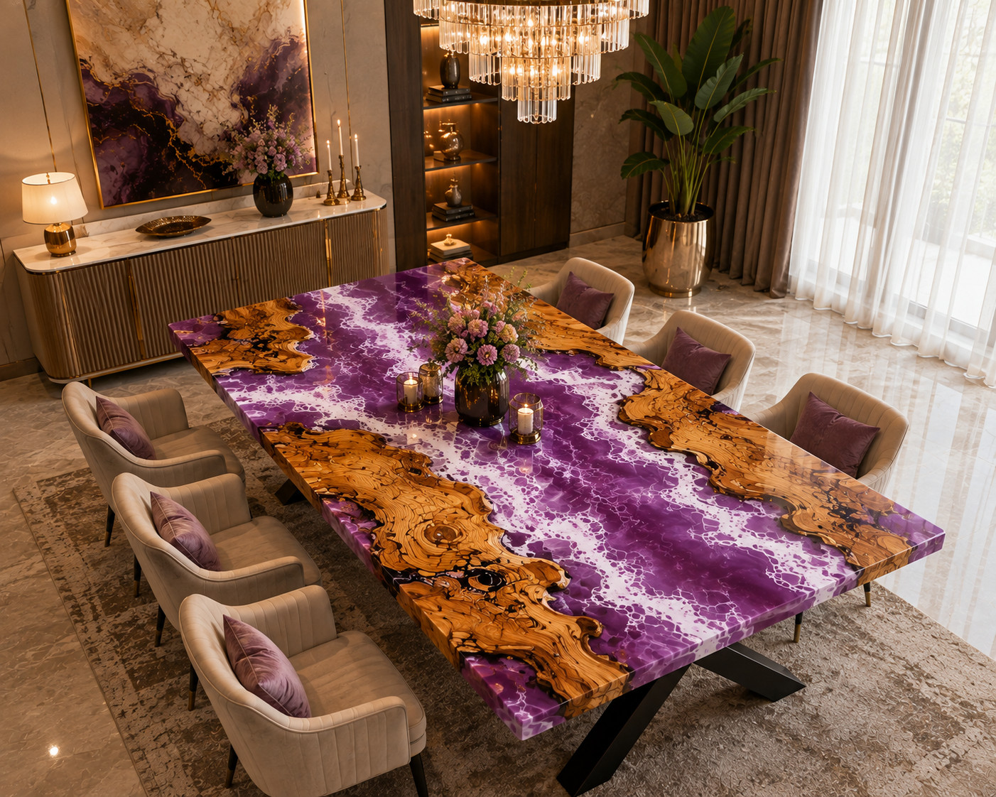 Luxury Pink Epoxy Resin Dining Table | Live Edge Wood River custom Table