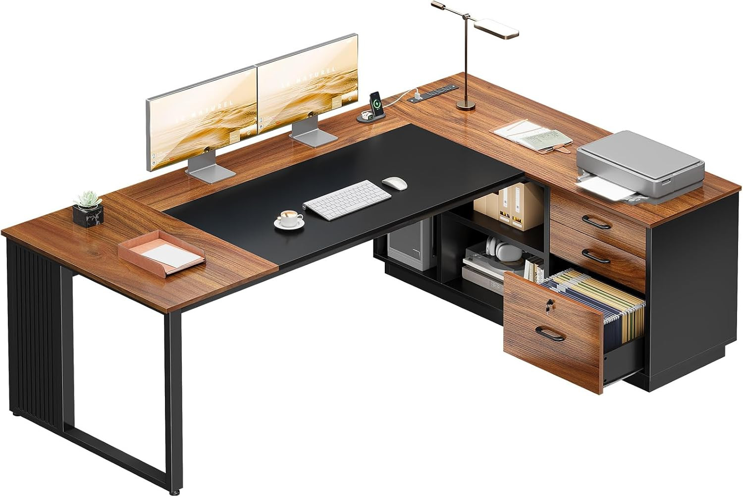 71 Inch L Shaped Executive Desk with Drawers and File Cabinet, Large Office Desk