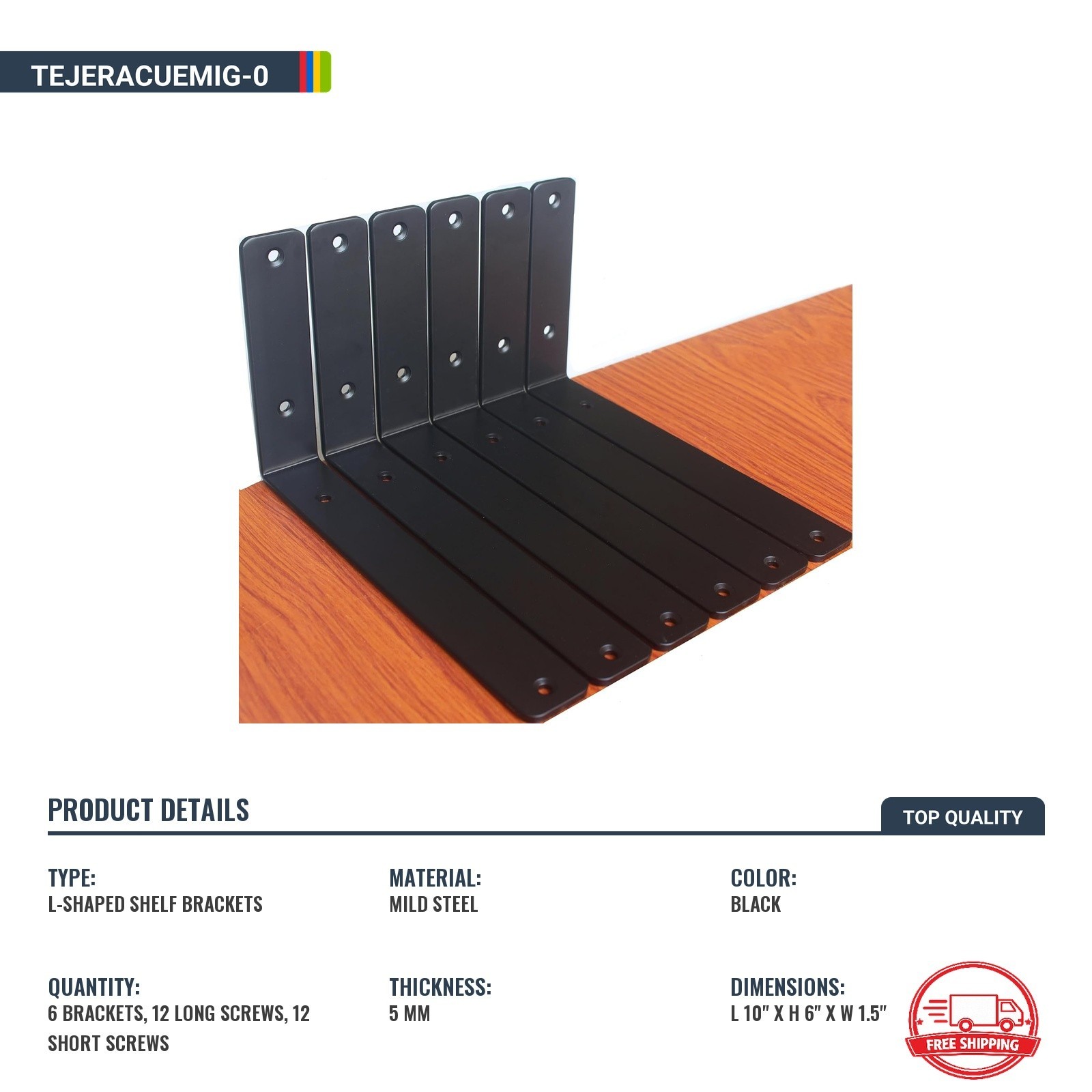 Soportes De Estante En L De Hierro Negro Resistente 10 Pulgadas 6 Piezas