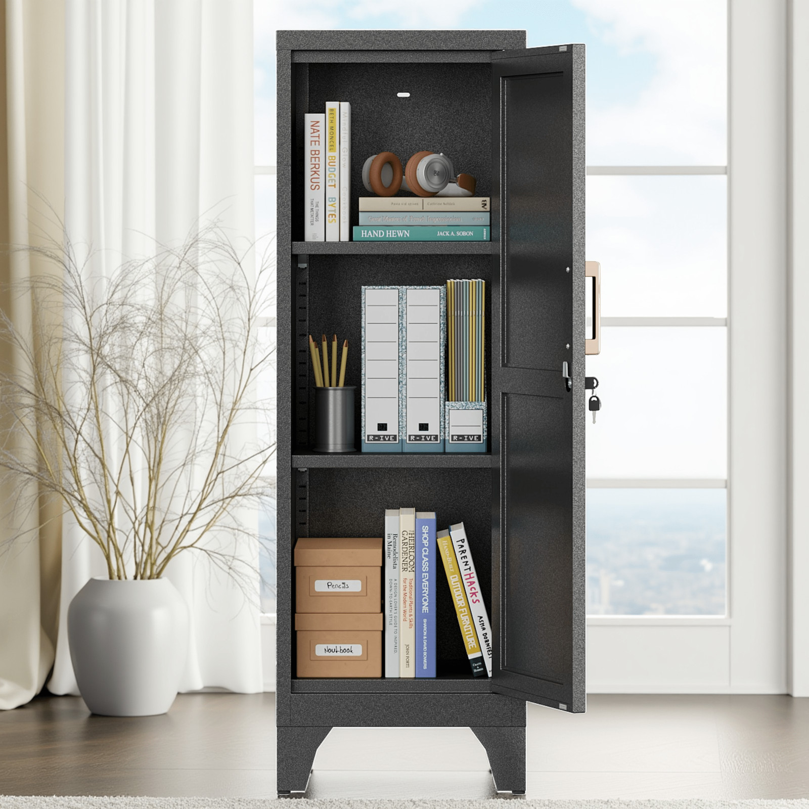 Metal Lockable Storage Cabinet Kitchen Pantry Cabinet with 2 Adjustable Shelves