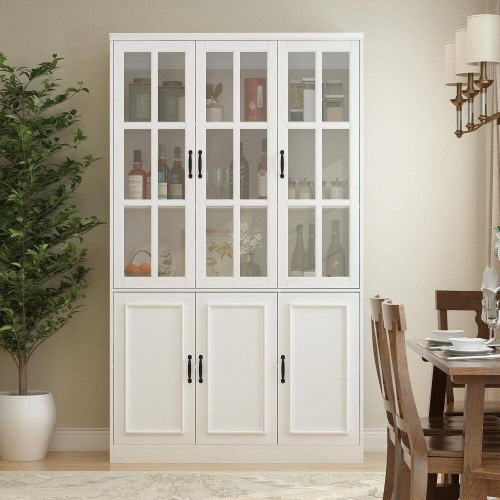 White Wood 47.2 In. W Buffet and Hutch Kitchen Cabinet with Glass Doors ( 47.2 I