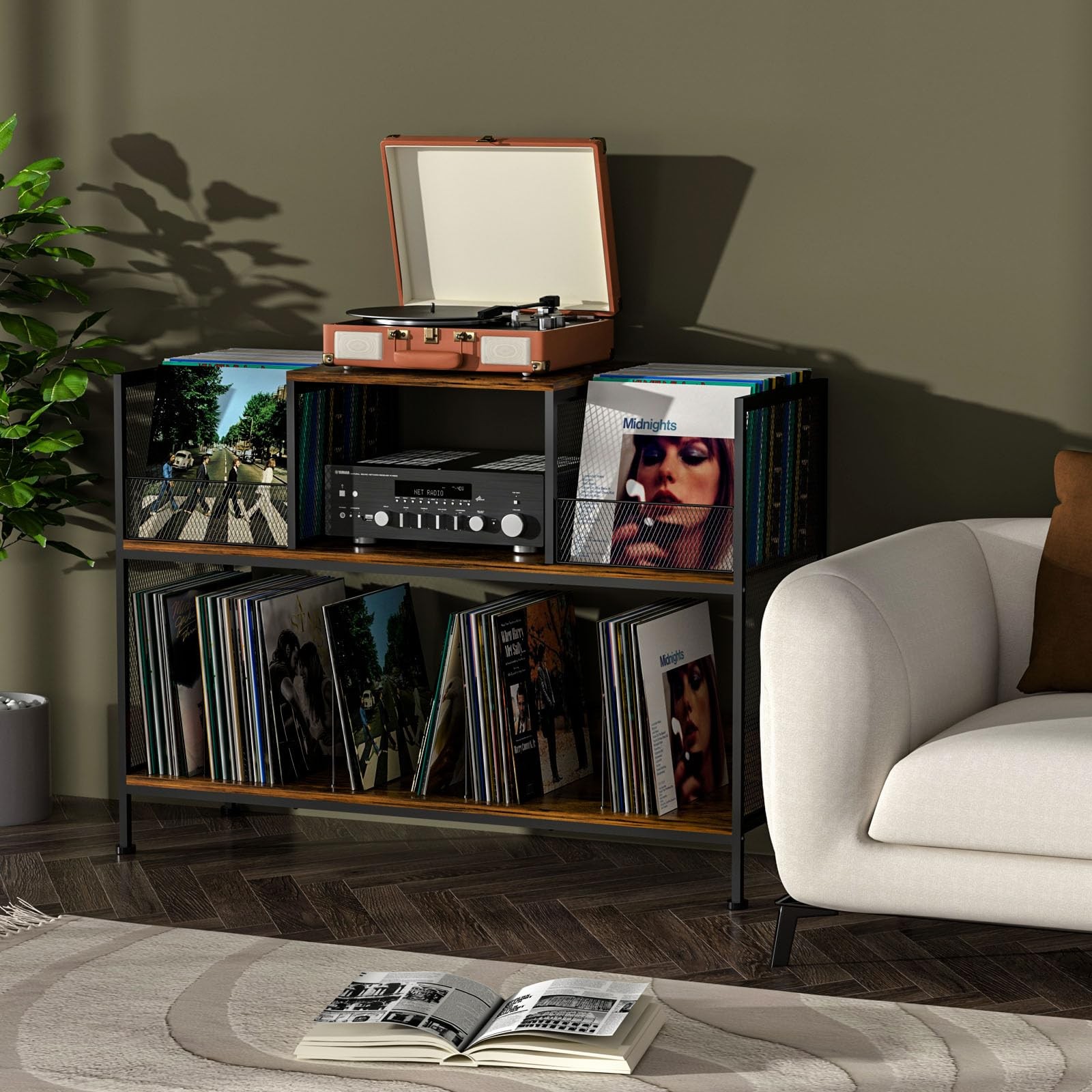Sonyabecca Large Vintage Record Player 45.67”X13.38”X30.1”, Black-Brown