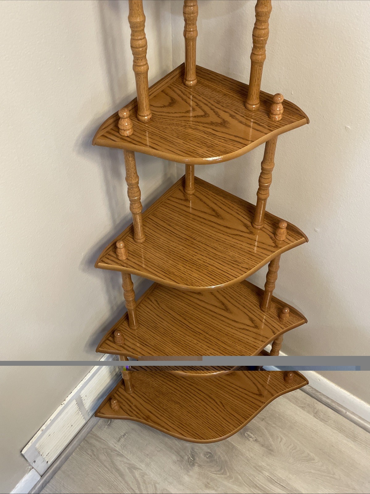 Vintage 5-Tier Oak Wood Corner Shelf Display Etagere Spindles Victorian Colonial