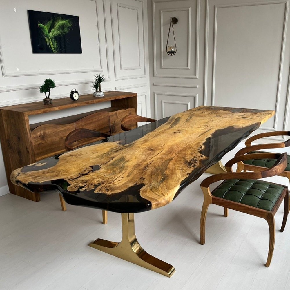 Solid Walnut Epoxy River Table Black Resin Luxury Dining Desk Live Edge Walnut