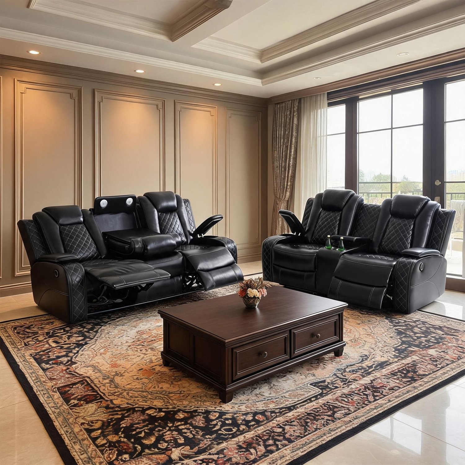 Breathable Leather Recliner Sofa Set w/LED Ambient Lighting Cup Holders&Storage