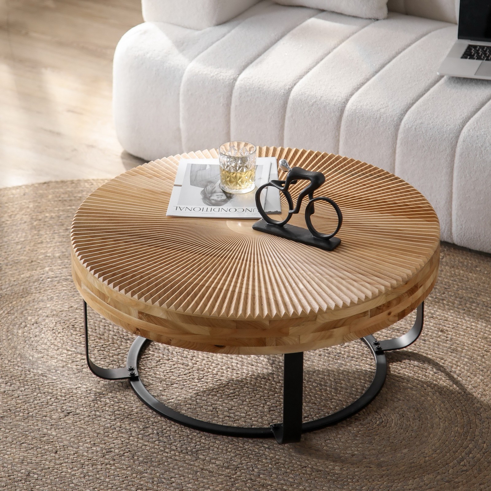 31.5″ Round Coffee Table Radial Carving Cedar Tabletop Cocktail Centre Table