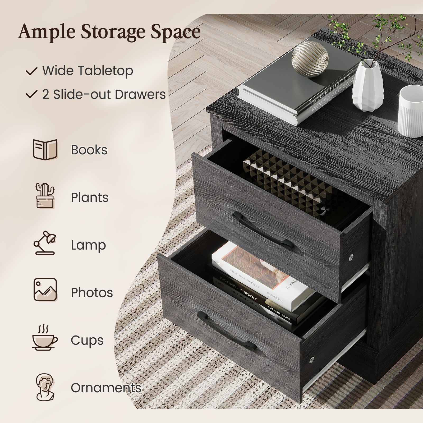 2 Drawer Nightstand Bedside Table Compact Sofa End Table Dark Grey Oak