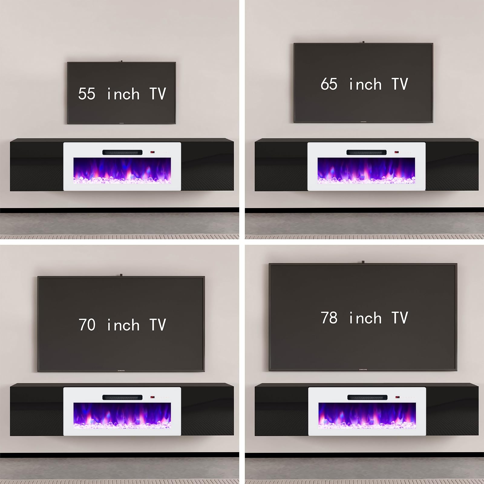 Floating TV Stand 36″ Electric Fireplace High Gloss Storage 78″ TV Black/White
