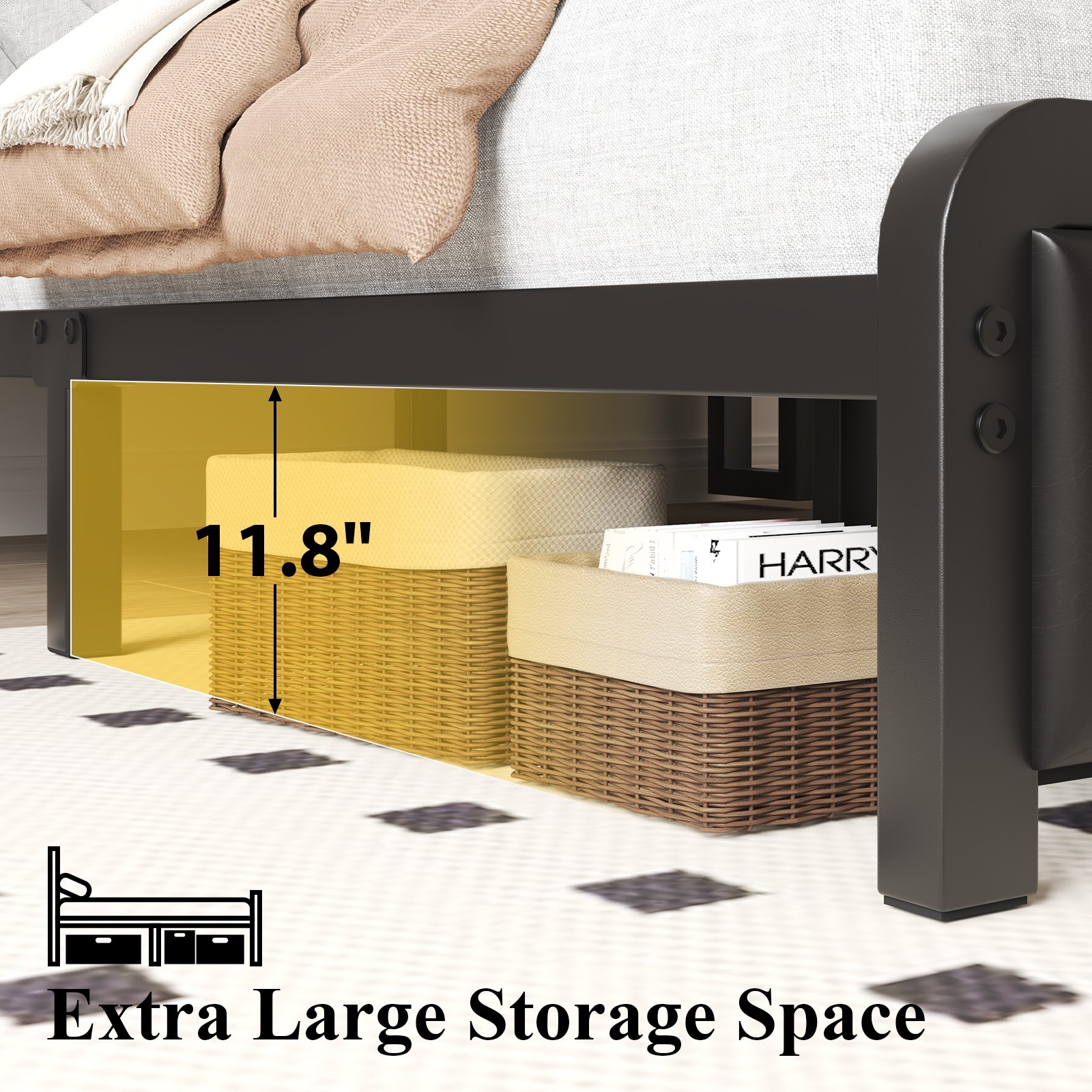 Full Queen Size Metal Bed Frame with LED and Storage Charging Headboard