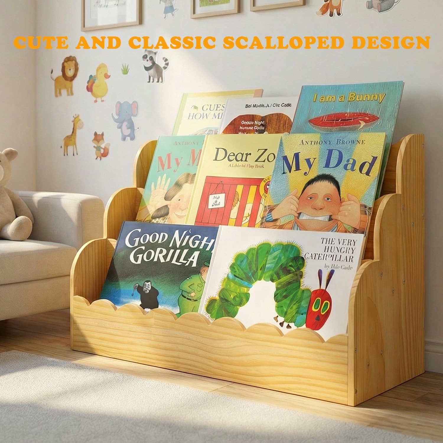 Scalloped Book Shelf for Kids, 3-Tier Wooden Bookshelf 16.5*16.5*11in Natural