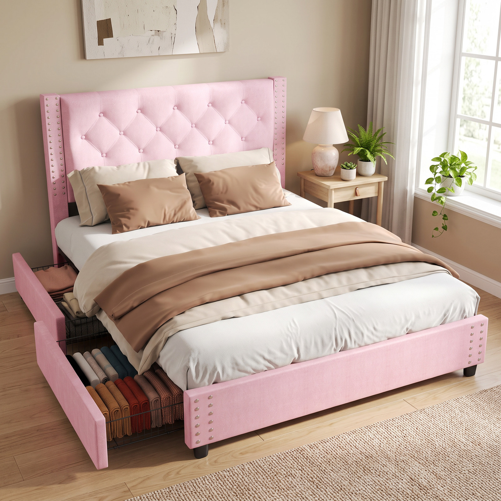Full Size Bed Frame Luxurious Flannel Headboard Storage Bed Frame For Household
