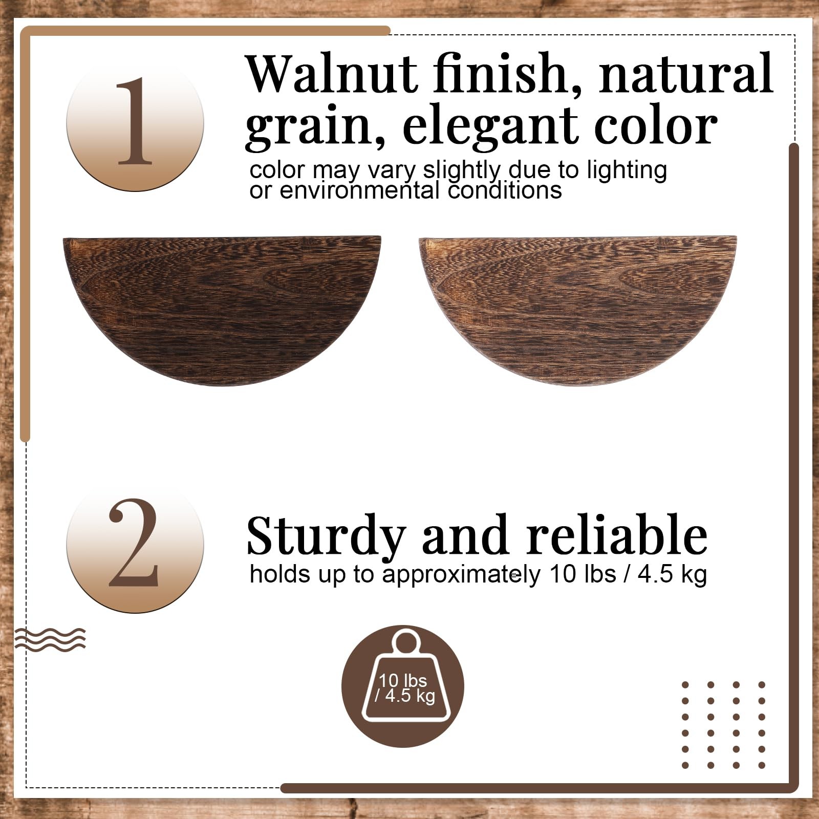 4 PCS Dark Brown Solid Wood Half Round Floating Shelves 8.27 Inch Wall Mount