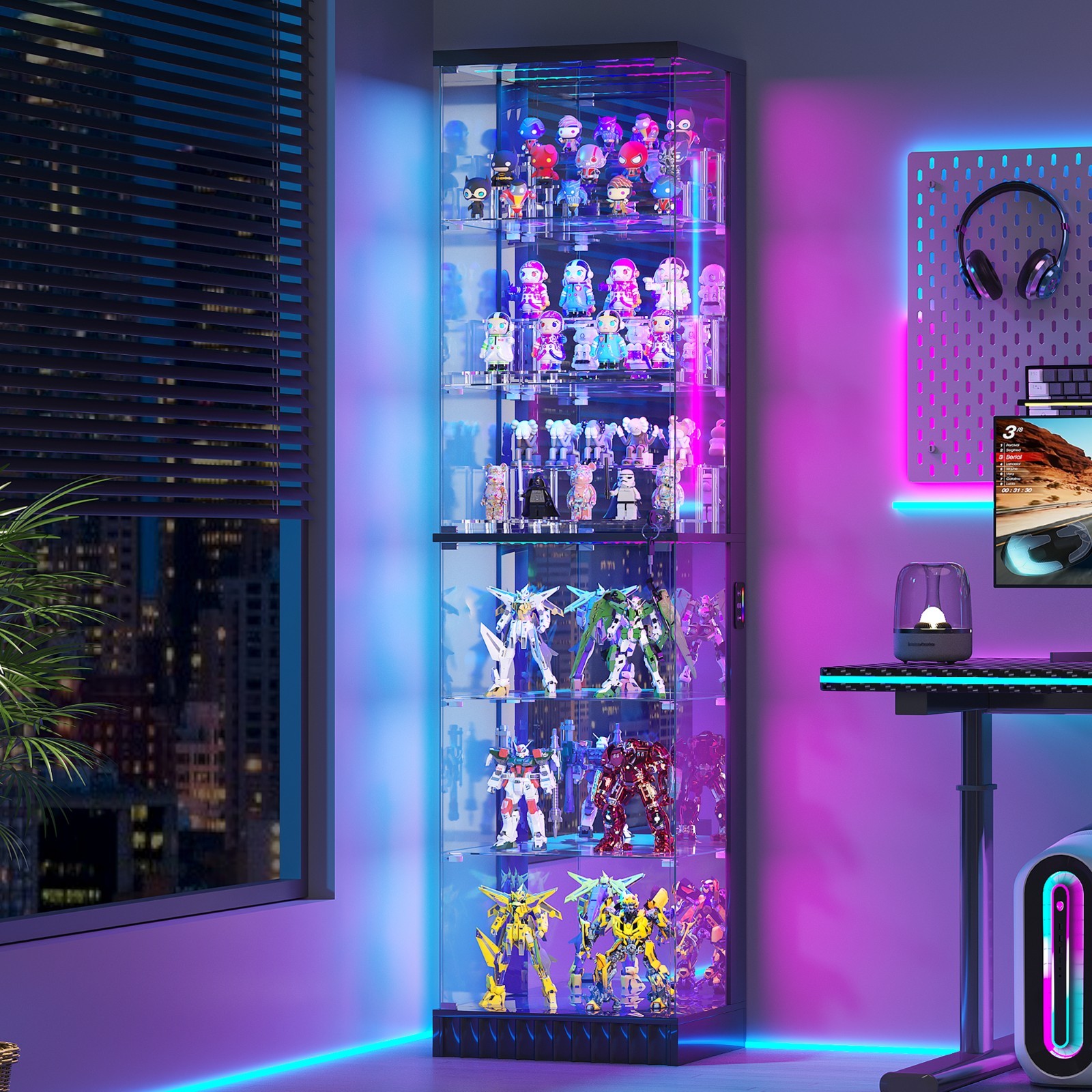 6-Tier Corner Display Cabinet with Glass Doors & RGB Lights for Collectibles