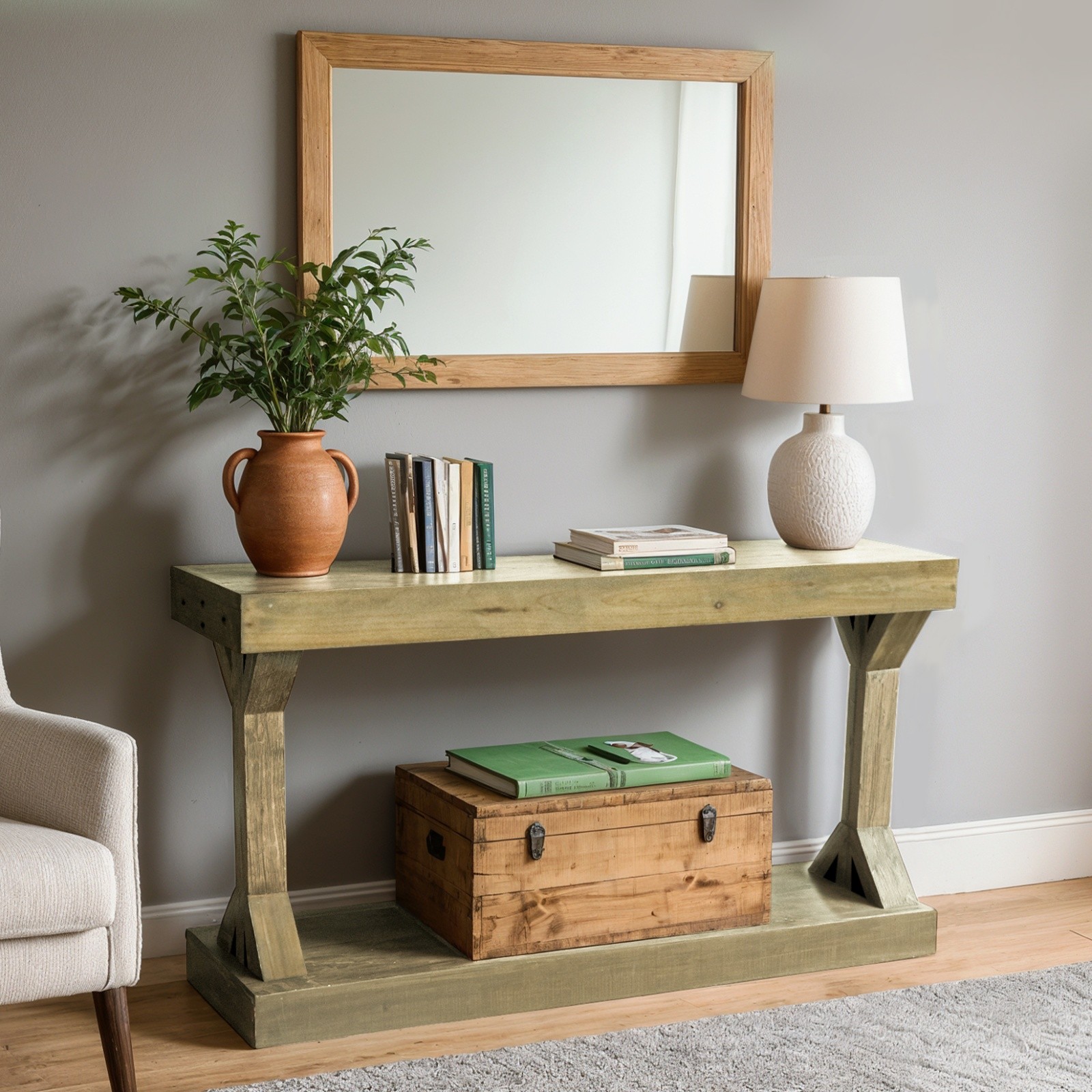 Long Solid Wood Console Table Rustic Farmhouse Entryway Sofa Table with Shelf