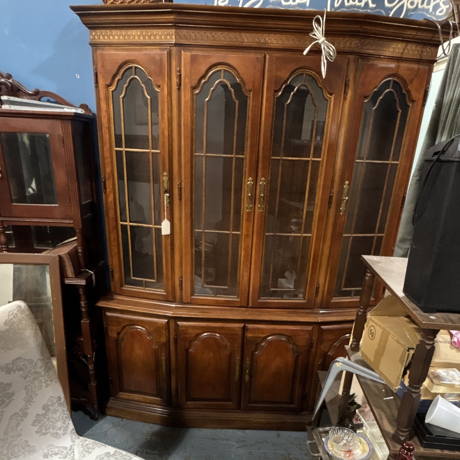 Traditional Brown Wood Glass Door China Cabinet Hutch, Freestanding 7 Doors