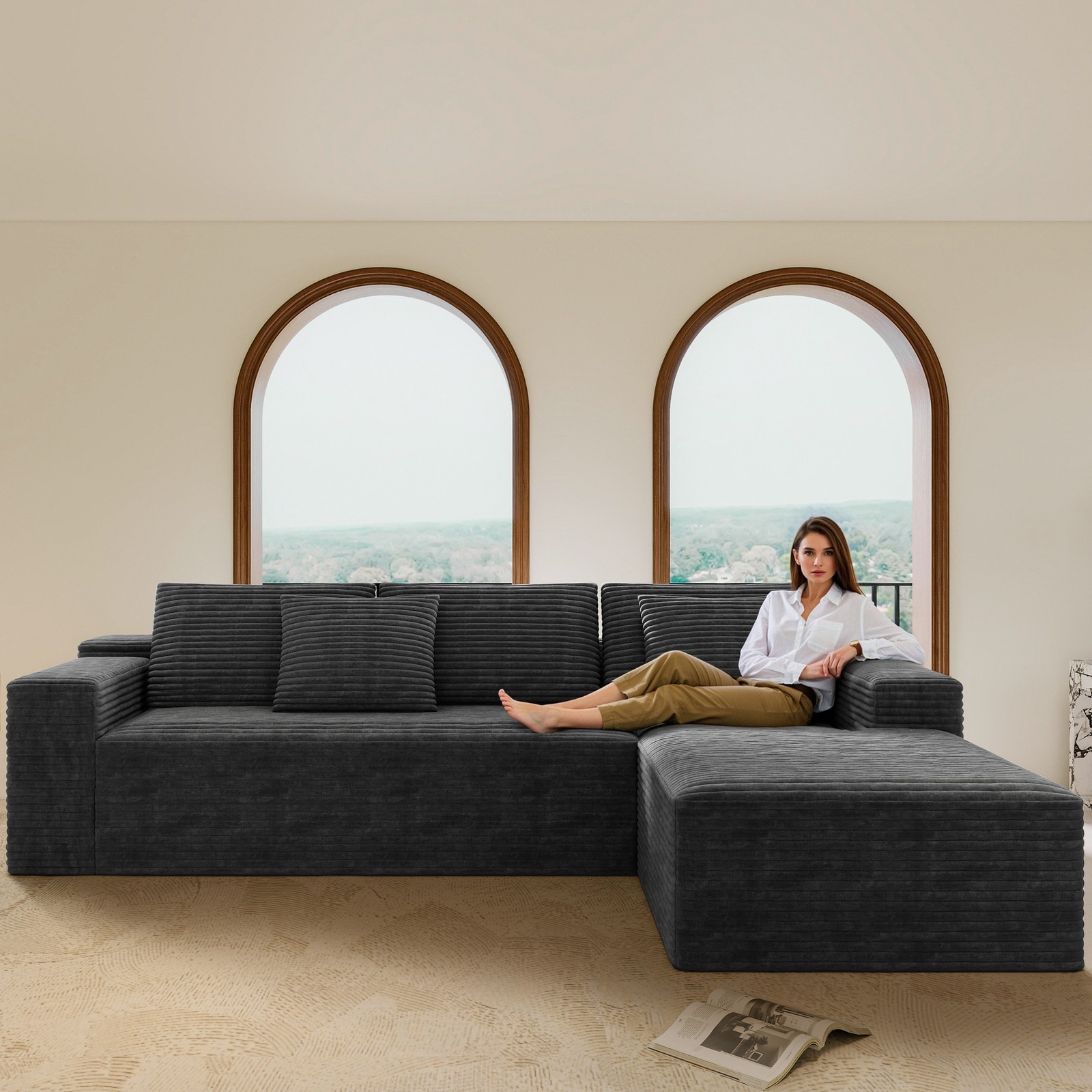 Modular Sectional Sofa Plush Corduroy Fabric Grey No Assembly Required