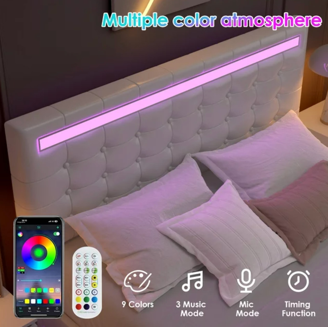 Platform Bed Frame Full Size Floating Base Adjustable Headboard for Kids Teens