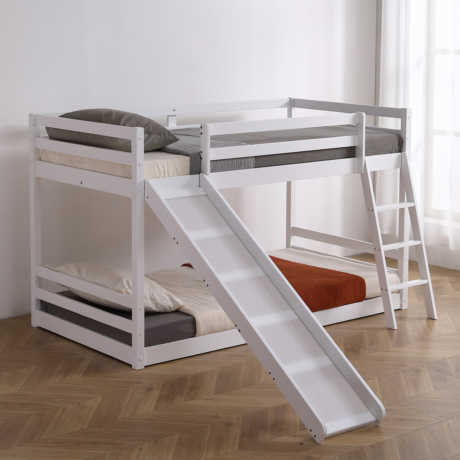 Twin over Twin Bunk Bed with Slide White Boys Girls Kids Teens Bedroom Furniture