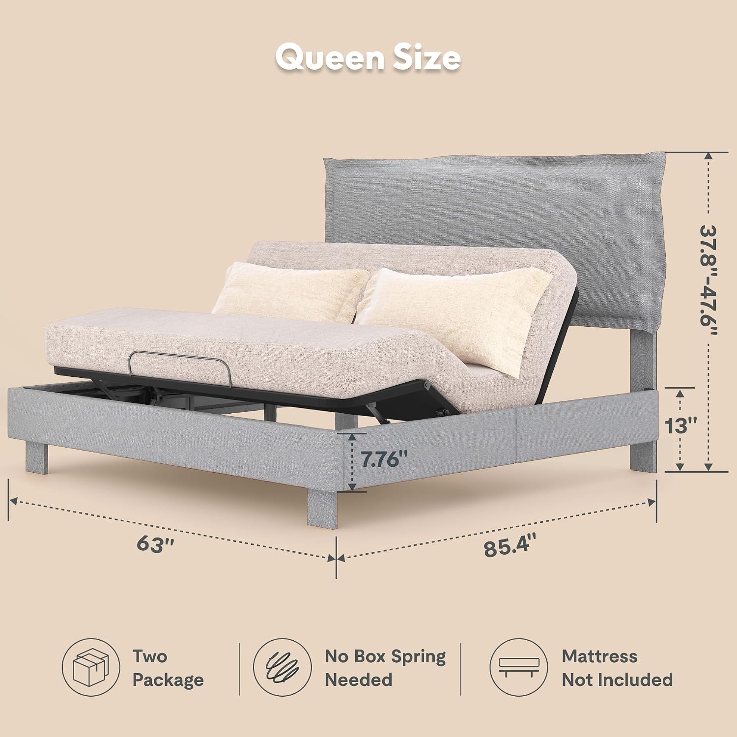 Queen Adjustable Bed Base W/ Upholstered Frame Head & Foot Lift 600 lbs Capacity