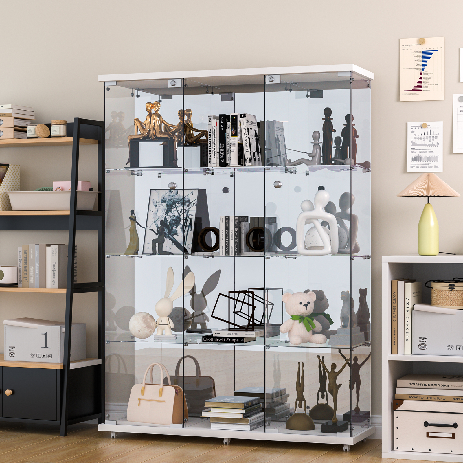 Glass Display Cabinet W/Mirror 4 Shelves 3 Door Storage Case For Curio NEW White