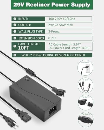Universal Power Recliners Power Supply – 29V 2A 10ft – 2 Pin Y Splitter Elect…