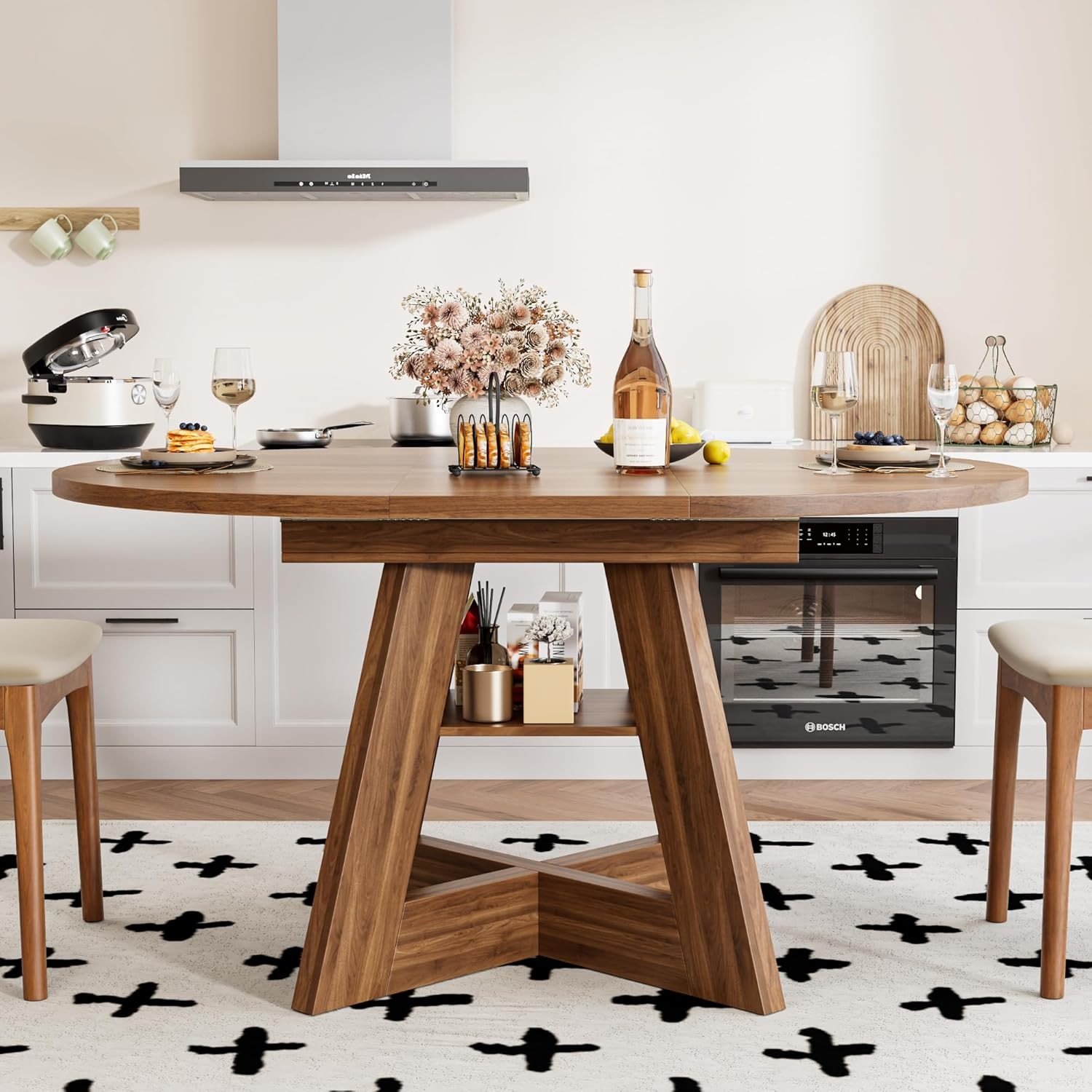 43.3in-59in Extendable Dining Table for 4-6, Round Kitchen Dining Room Table