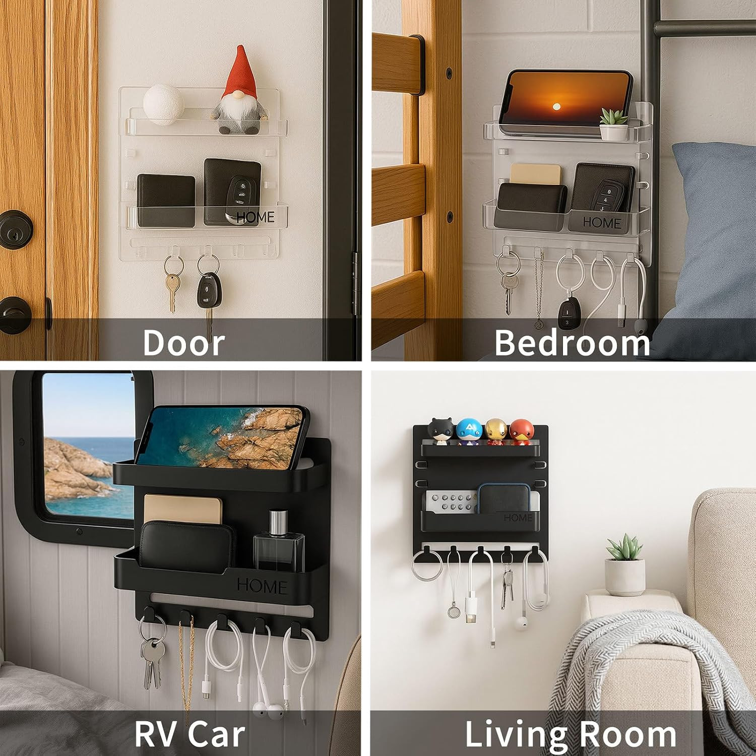 Bedside Wall Shelf Organizer with 5 Hooks & Cable Clips, Plastic Adhesive Wall M