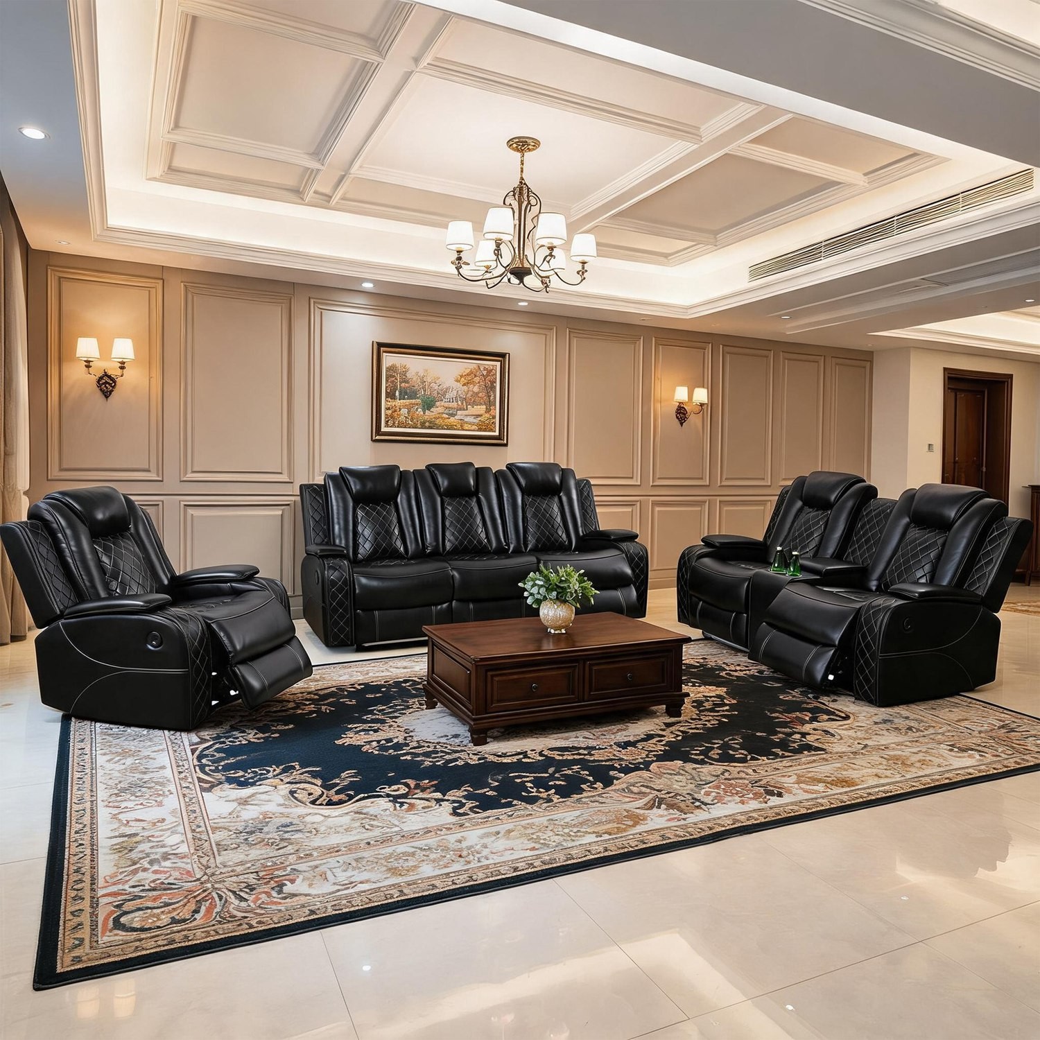 Breathable Leather Recliner Sofa Set w/LED Ambient Lighting Cup Holders&Storage