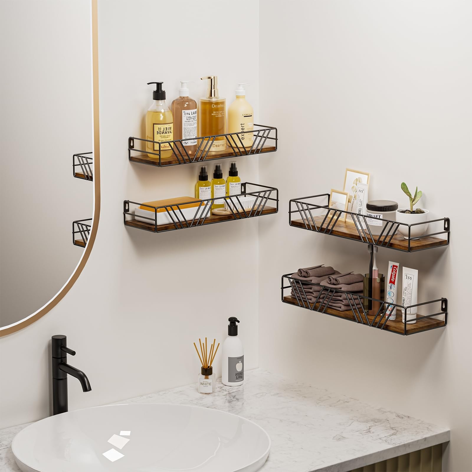 Rustic Floating Wall Shelves Set of 4 with Metal Frame | Hanging Storage for Hom