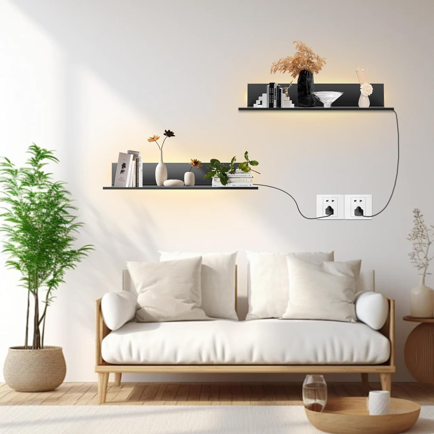 Floating Display Shelf w/ LED Light and Transformer, Black Metal Shelf